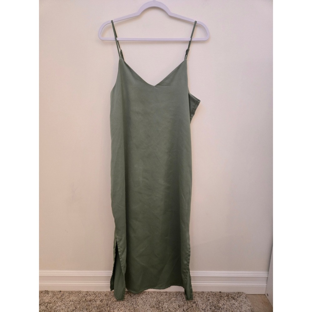 JJXX Sage Green Satin Midi Slip Dress V-Neck Adjustable Straps Size L